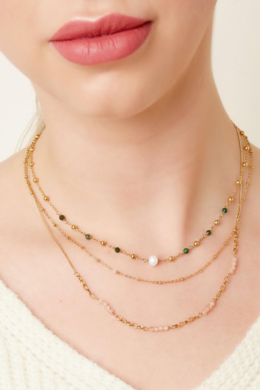 Halskette mit kleinen Perlen und Steinperlen Goldfarbe Edelstahl Bild3